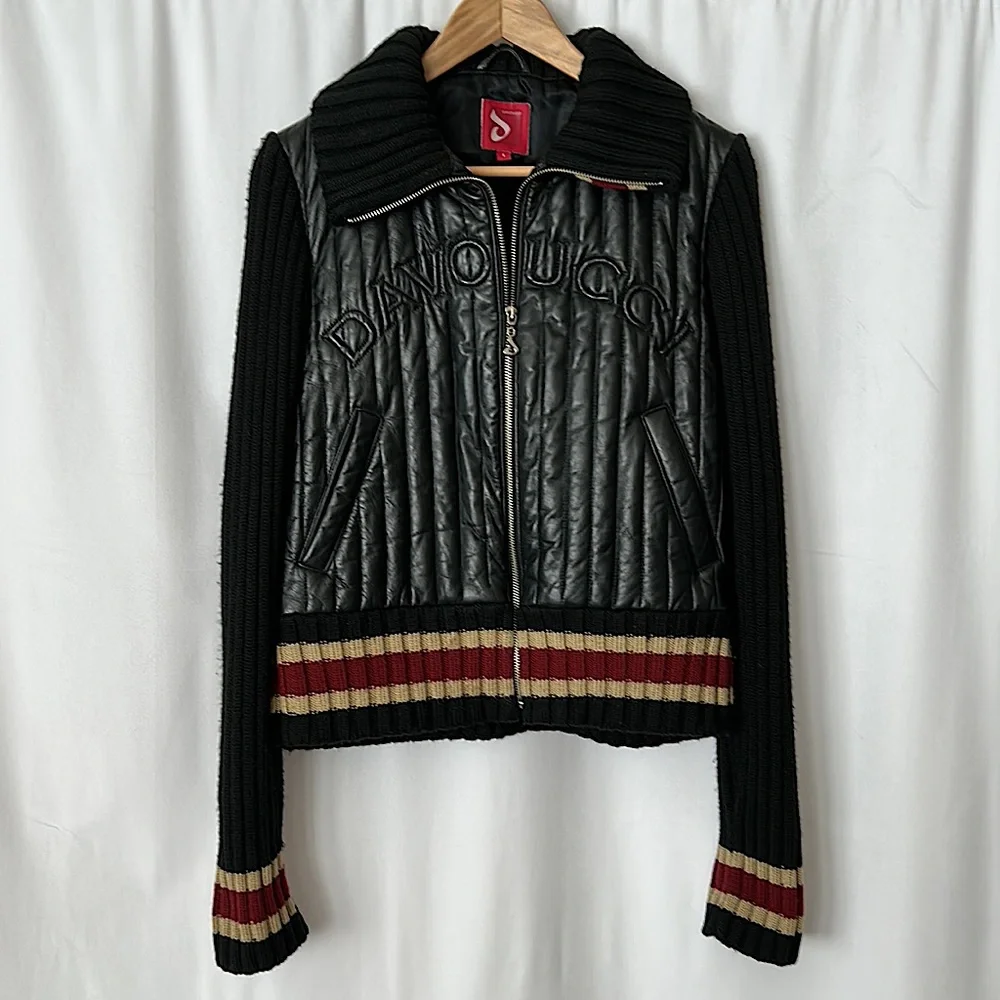 Davoucci Vintage Black Leather and Knit Long Sleeve Jacket Coat **Size L** - Picture 1 of 6